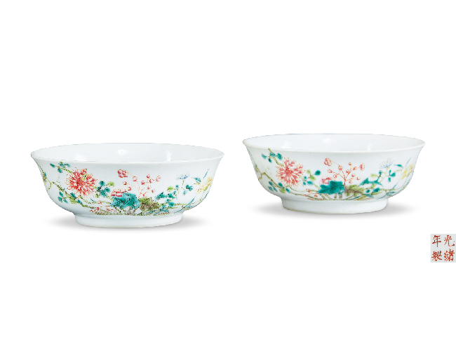 清光緒  粉彩過枝花卉紋墩式碗（一對(duì)）