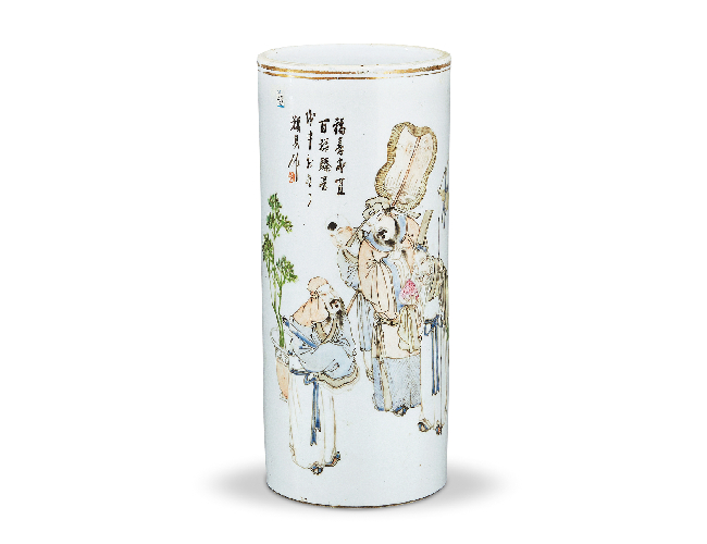 清光緒  淺絳彩福壽成置帽筒