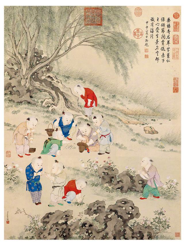 清乾隆，金廷標(biāo)《戲嬰斗草圖軸》.jpg